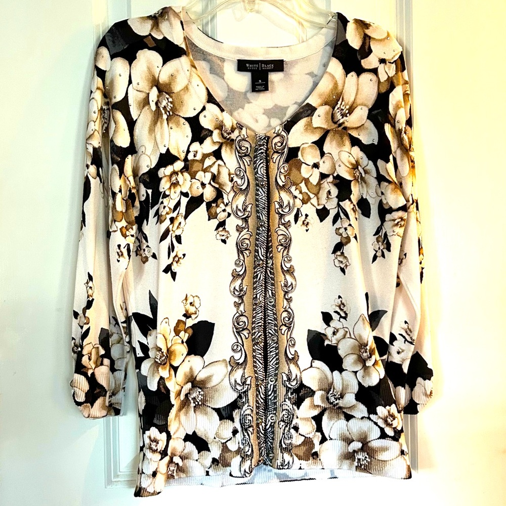 WHBM Black and White Floral Cardigan Sweater